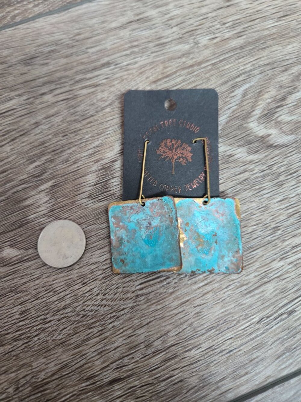 Metal Tree Studio Artisan Brass Turquoise Patina Square Earrings - Picture 6 of 6